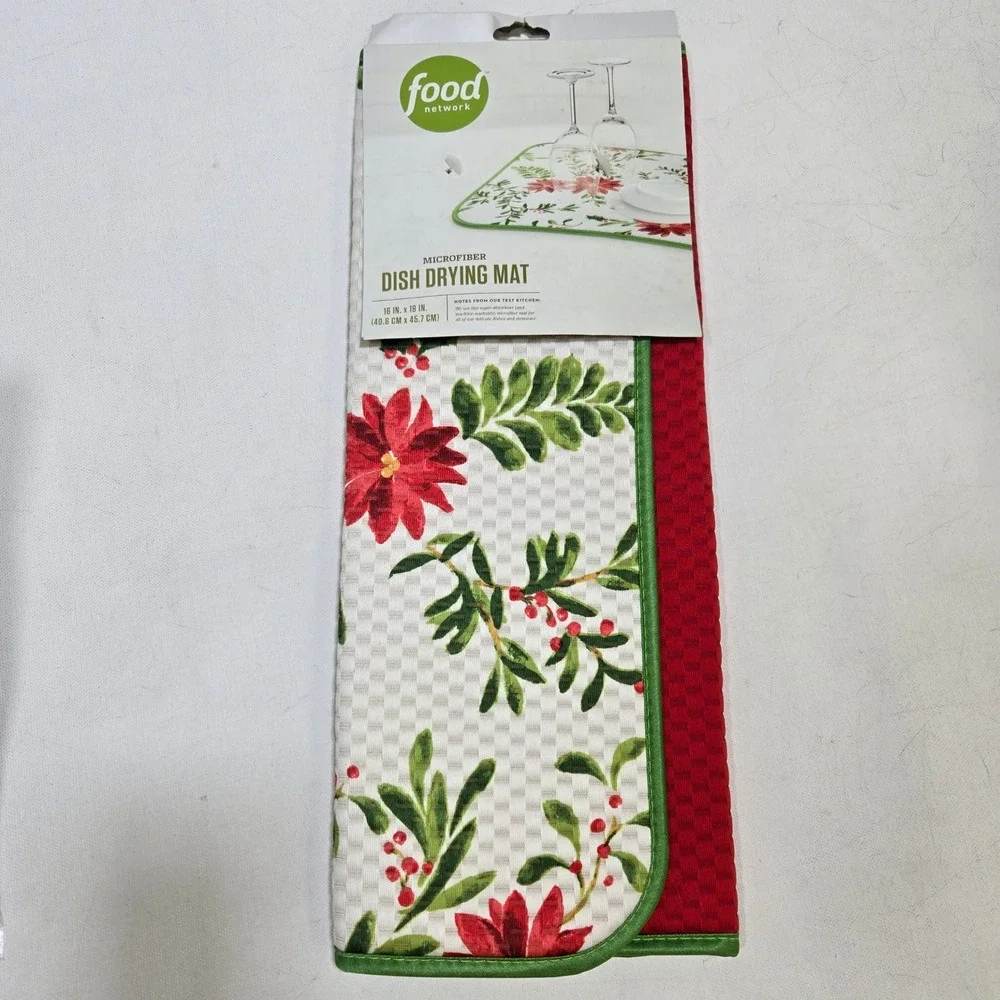 Food Network Dish Drying Mat 16x18 Christmas Holly Pine Berry Holiday New